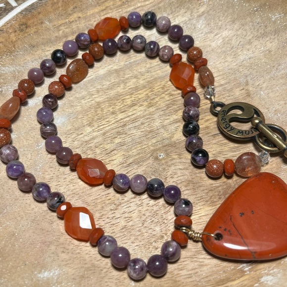 Energy Muse Strength Red Jasper, Carnelian, Sunstone & Charoite Beaded Necklace - Picture 3 of 13